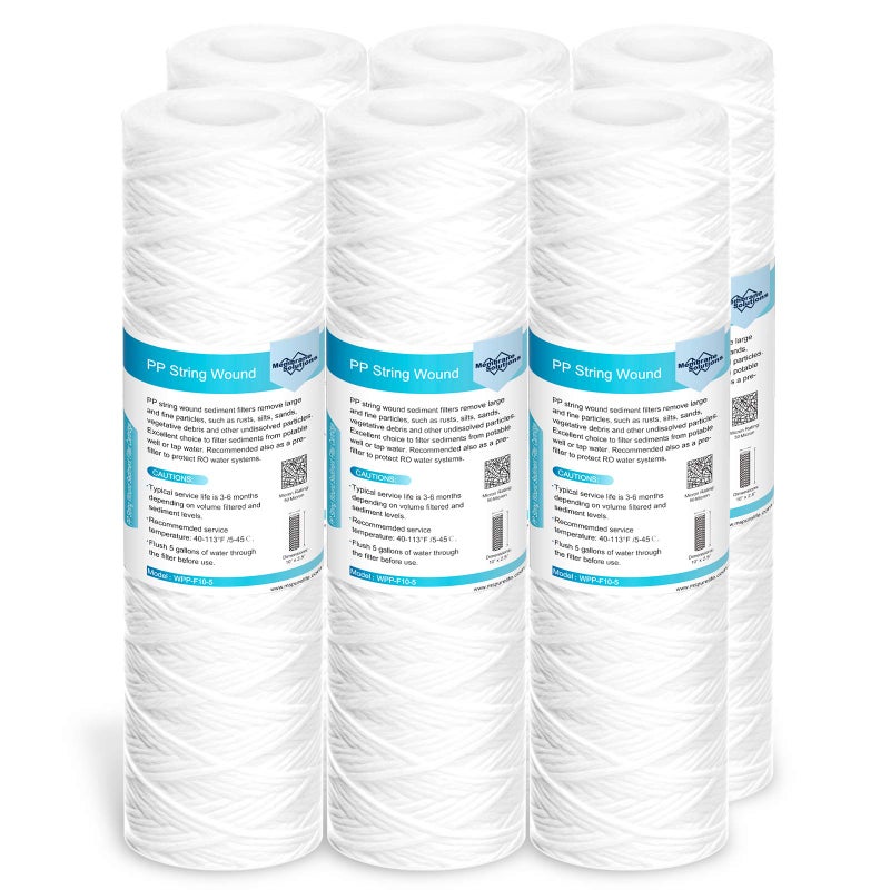 Membrane Solutions 50 Micron 10"x2.5" String Wound Whole House Water Filter Replacement Cartridge Universal Sediment Filters for Well Water - 6 Pack - Image 1